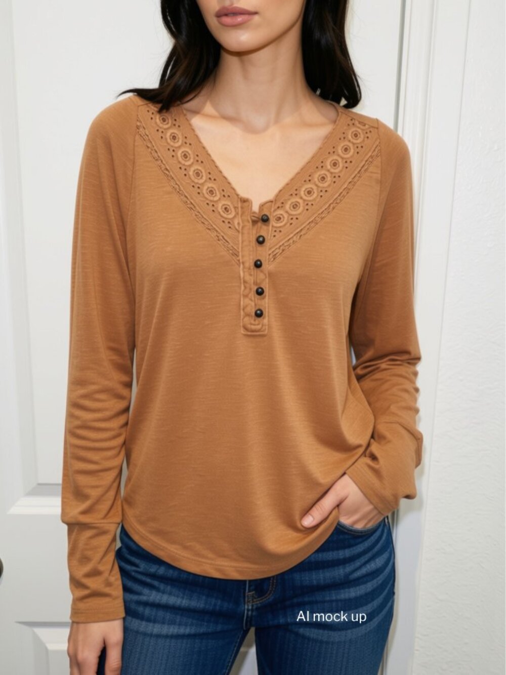 Lucky Brand Rust Lace Trim Henley Top Size M